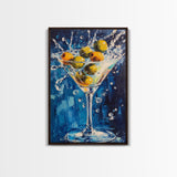 Splashing Olive Martini Canvas Print with Vibrant Cocktail Art, Perfect Bar Decor and Kitchen Wall Art Statement Piece