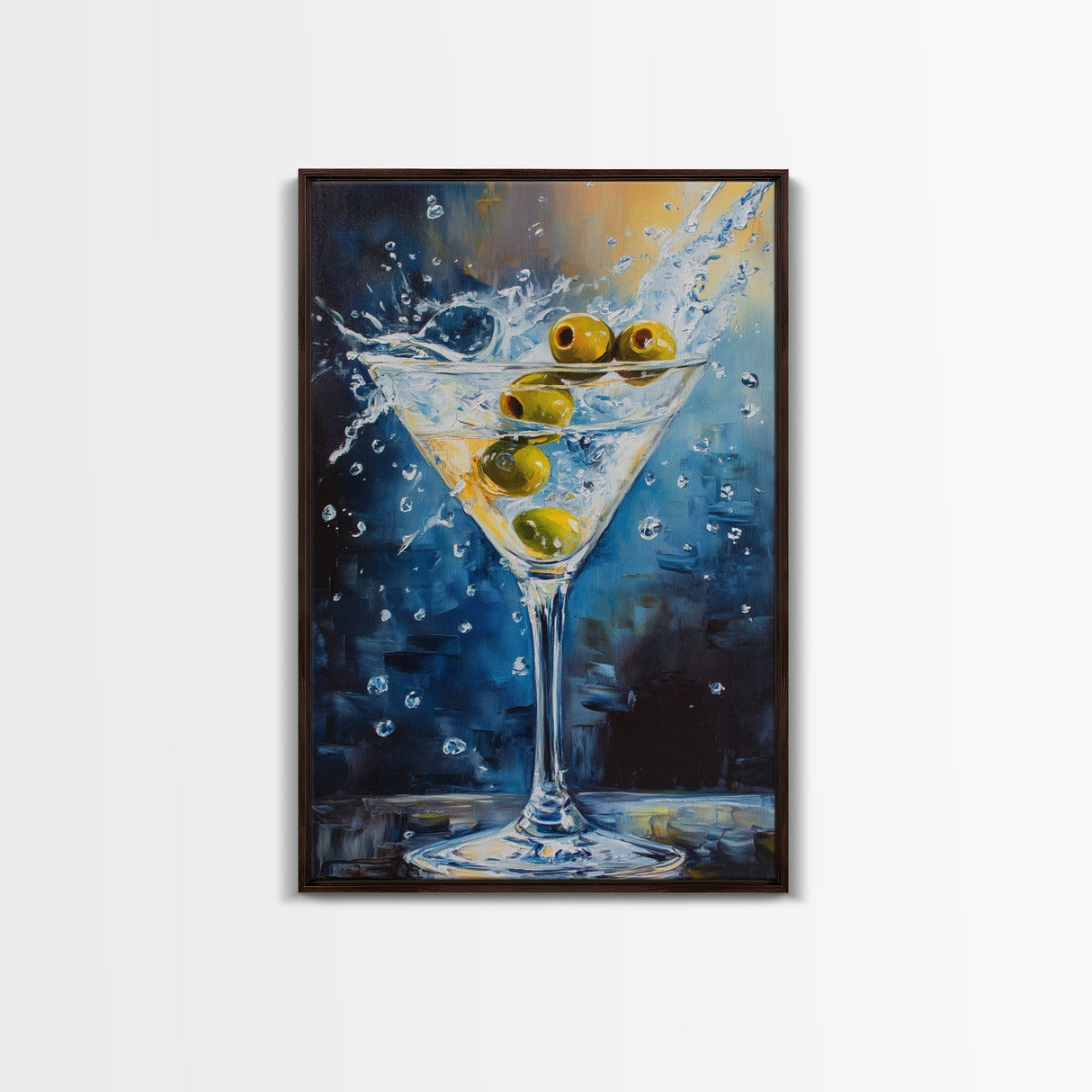 Elegant Olive Martini Framed Canvas Print with Vibrant Cocktail Art for Living Room or Kitchen, Rustic Home Decor