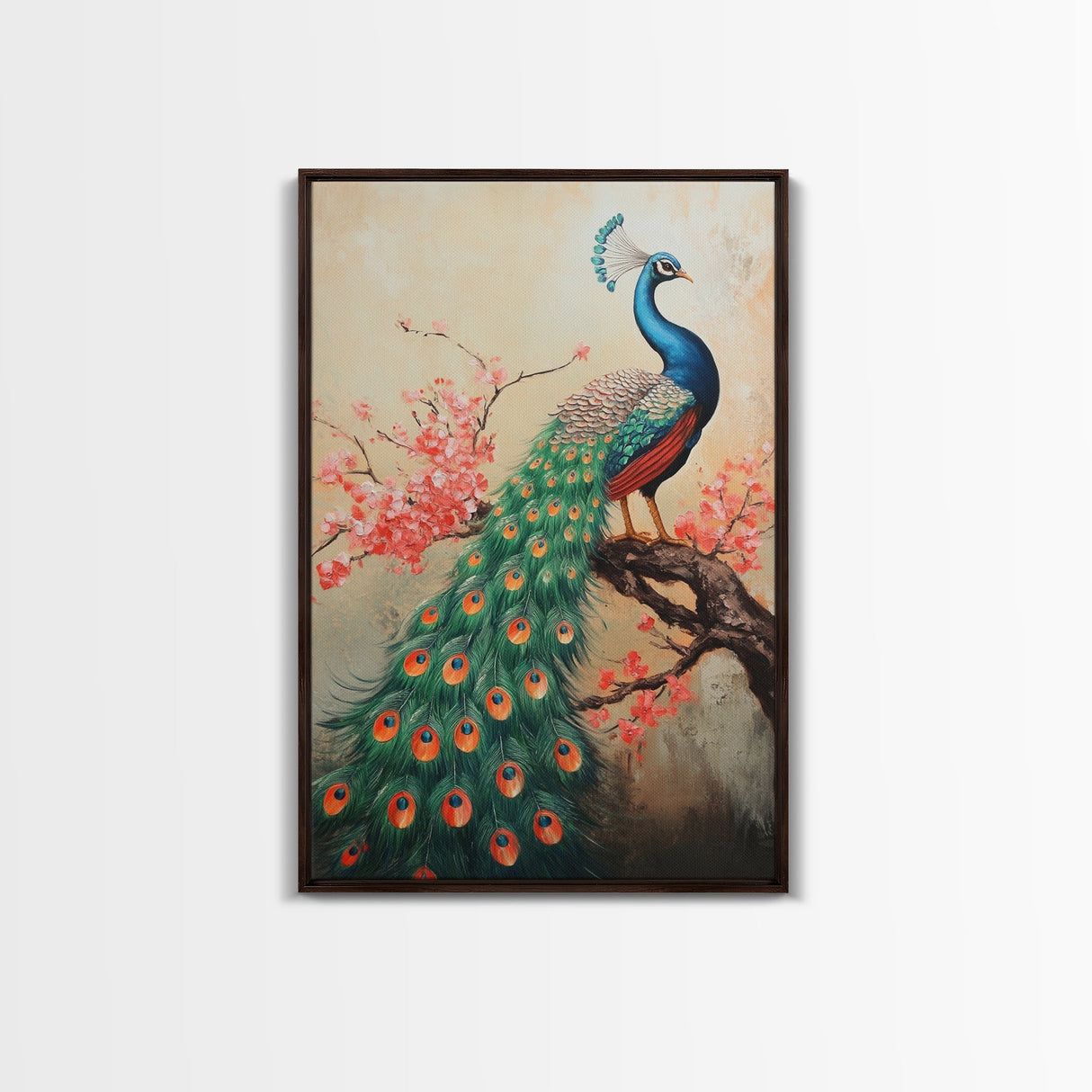 Peacock Canvas Print with Cherry Blossom Painting, Vibrant Oriental Art, Rustic Chinoiserie Wall Decor, Bold Statement Piece for Living Room