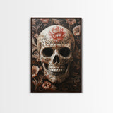 Skull Art Framed Canvas Print with Floral Botanical Prints in Gothic Chinoiserie Style, Perfect Halloween Rustic Wall Art Decoration