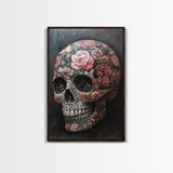 Skull Art Framed Canvas Print with Intricate Floral Patterns in Gothic Boho Style, Chinoiserie-Inspired Rustic Bedroom or Living Room Art