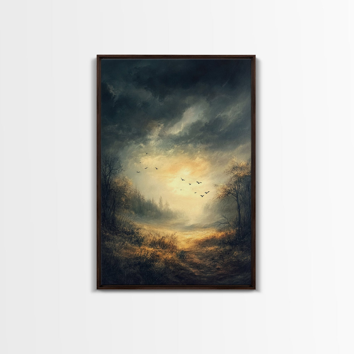 Landscape Painting Framed Canvas Print Featuring Sunset Over Autumn Forest with Dark Romantic Smoky Mountain Art and Rustic Decor