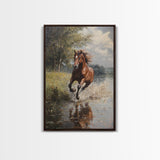 Splashed Stallion Crossing Water Framed Canvas Print Vintage Horse Art Rustic Wall Art Living Room Gift Idea Boho Style