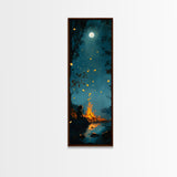 Moonlit Campfire, forest at dusk painting, moody art, rustic decor, vertical wall art, boho art, Canvas Print