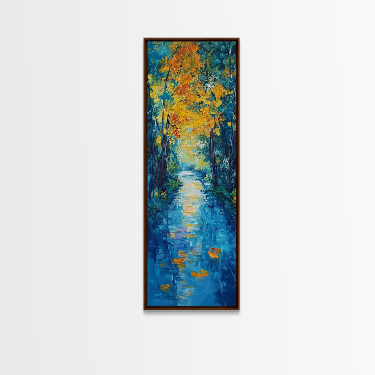 Autumn Reflection, fall painting, birch tree art, mountain painting, rustic wall art, panoramic art, Framed Canvas Print