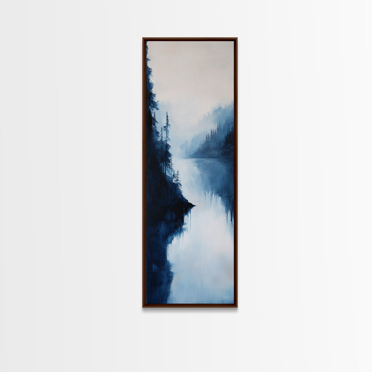 Misty Lake, pine tree art, moody art, mountain painting, wabi sabi art, blue and green wall art, Framed Canvas Print, rustic wall art