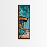 Rustic Gas Station, chicano art, guest check wall art, graffiti wall art, vintage folk art, Framed Canvas Print, tall skinny art