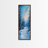 Winter Path, snowy pine tree art, moody art, Christmas wall art, wabi sabi art, landscape painting, Framed Canvas Print