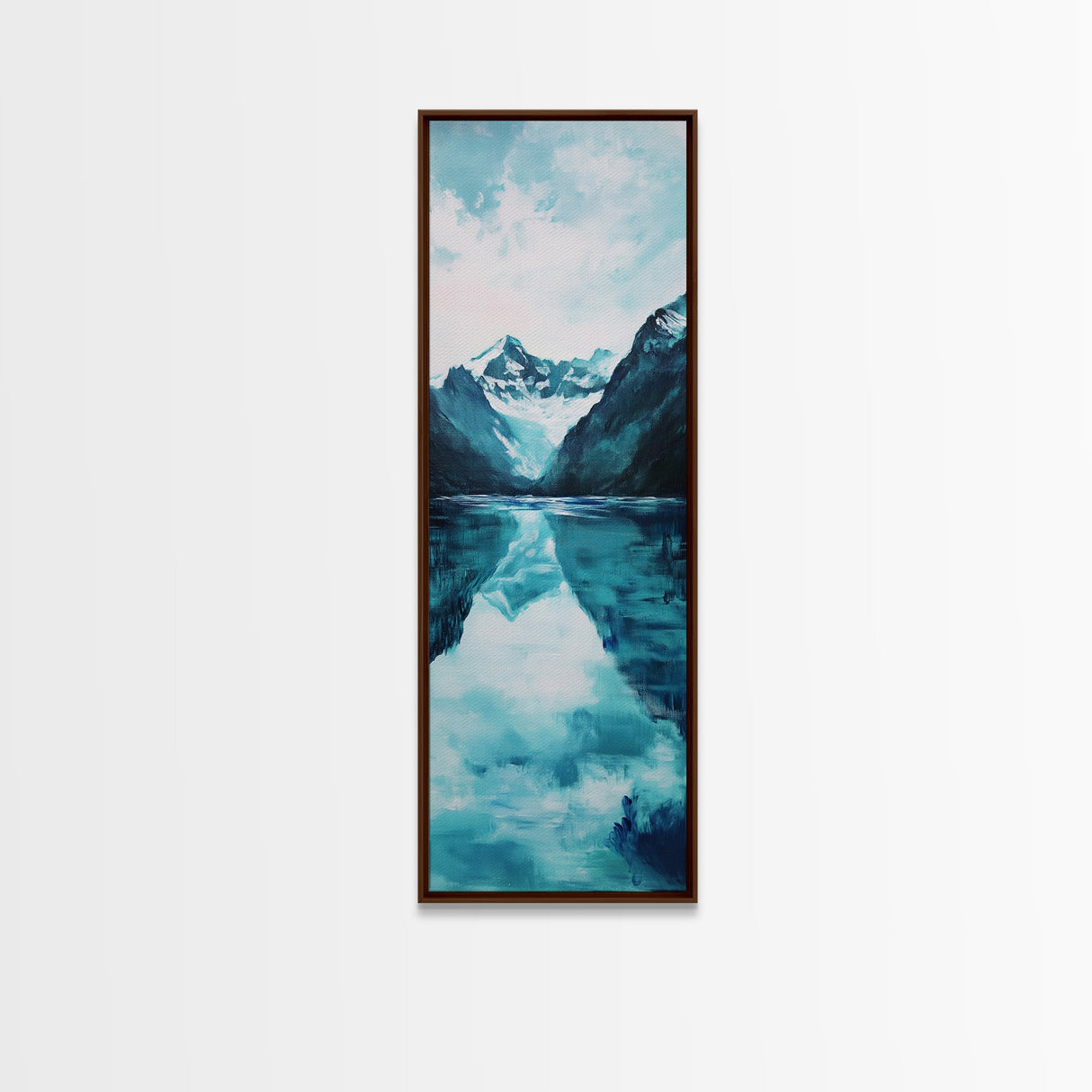 Glacier Lake, mountain painting, blue and green wall art, smoky mountain art, minimalist art, vertical wall art, Canvas Print