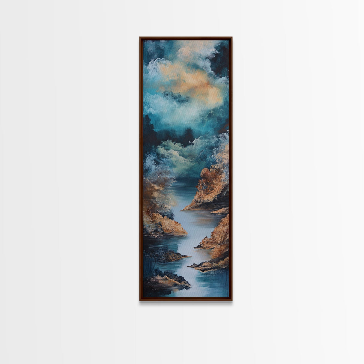 Moody River, Smoky Mountain Art, Landscape Painting, Moody Art, Blue and Green Wall Art, Tall Skinny Art, Framed Canvas Print