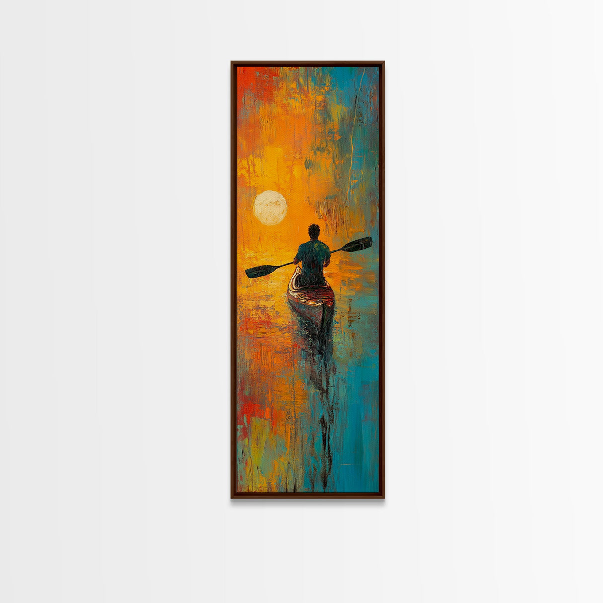 Sunset Kayaker, Coastal Painting, Moody Art, Nautical Decor, Rustic Wall Art, Christmas, Framed Canvas Print, Above Sofa Art