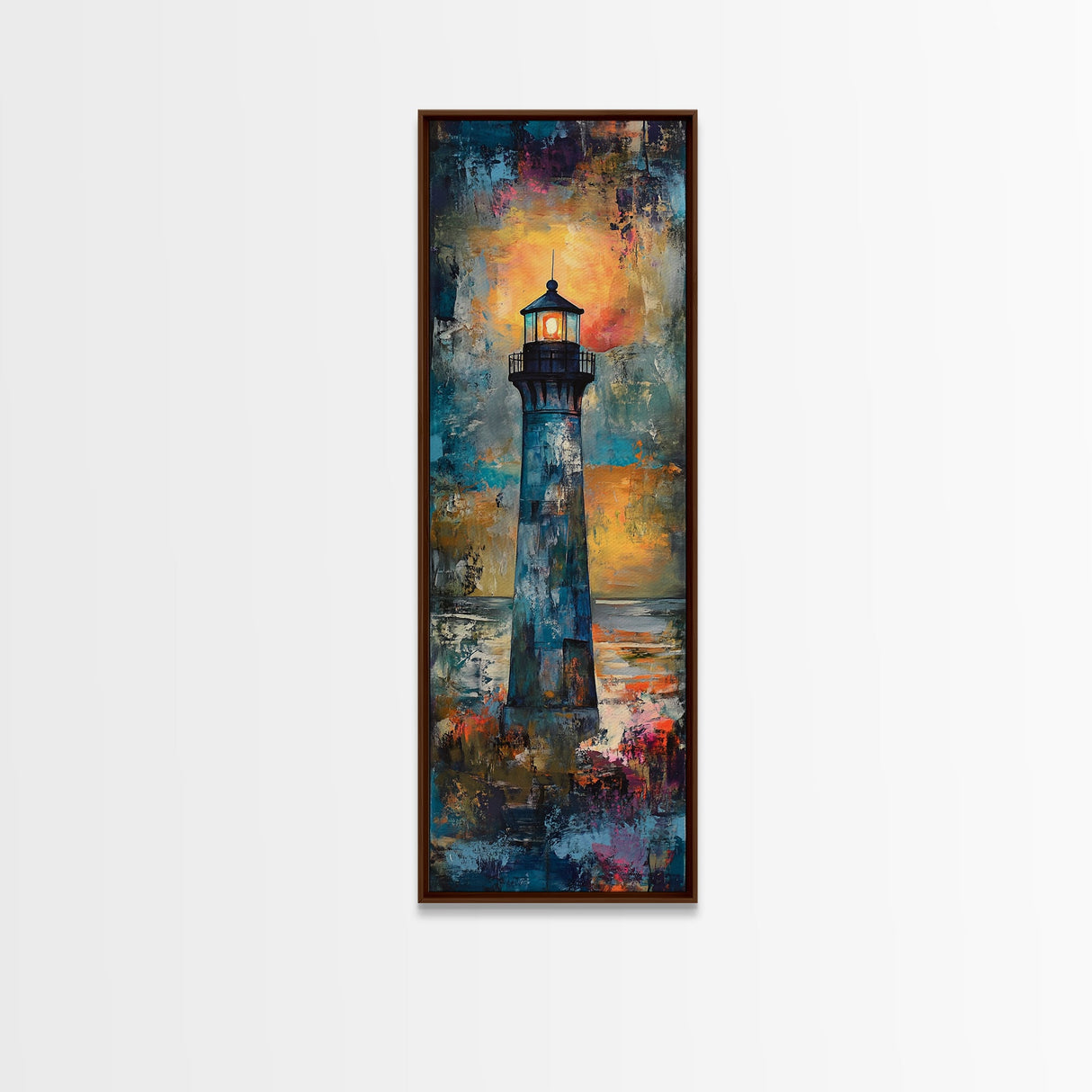 Lighthouse Glow, Moody Seascape, Nautical Painting, Coastal Decor, Sunset Wall Art, Framed Canvas Print, Bedroom Art