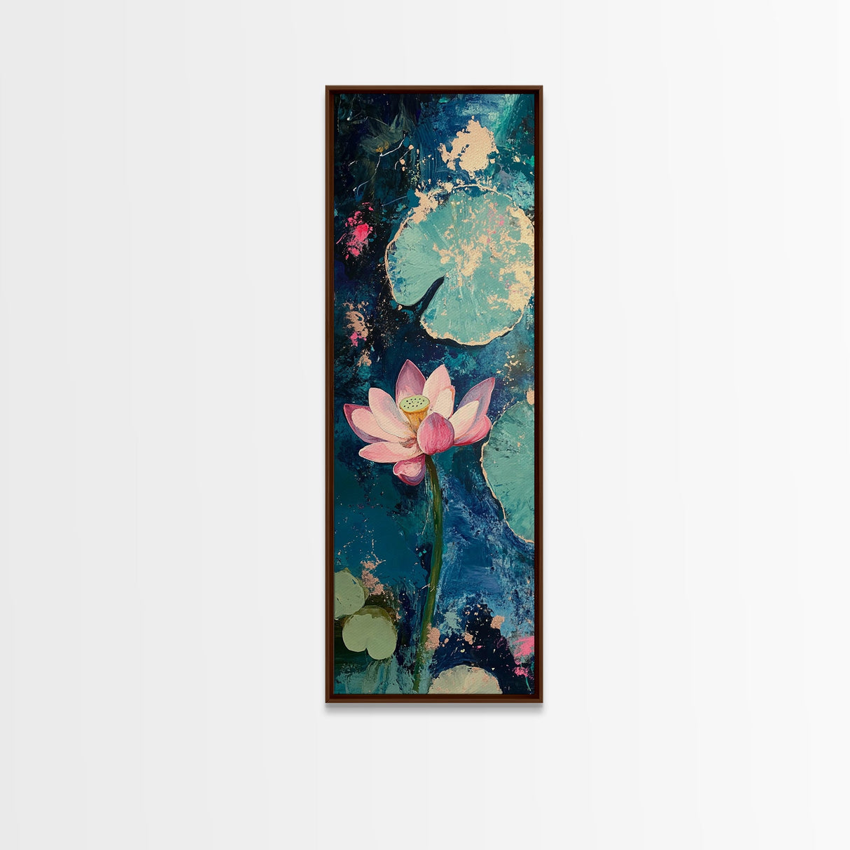 Lotus flower, teal wall art, botanical prints, wildflower painting, moody art, vertical wall art, canvas print, living room art