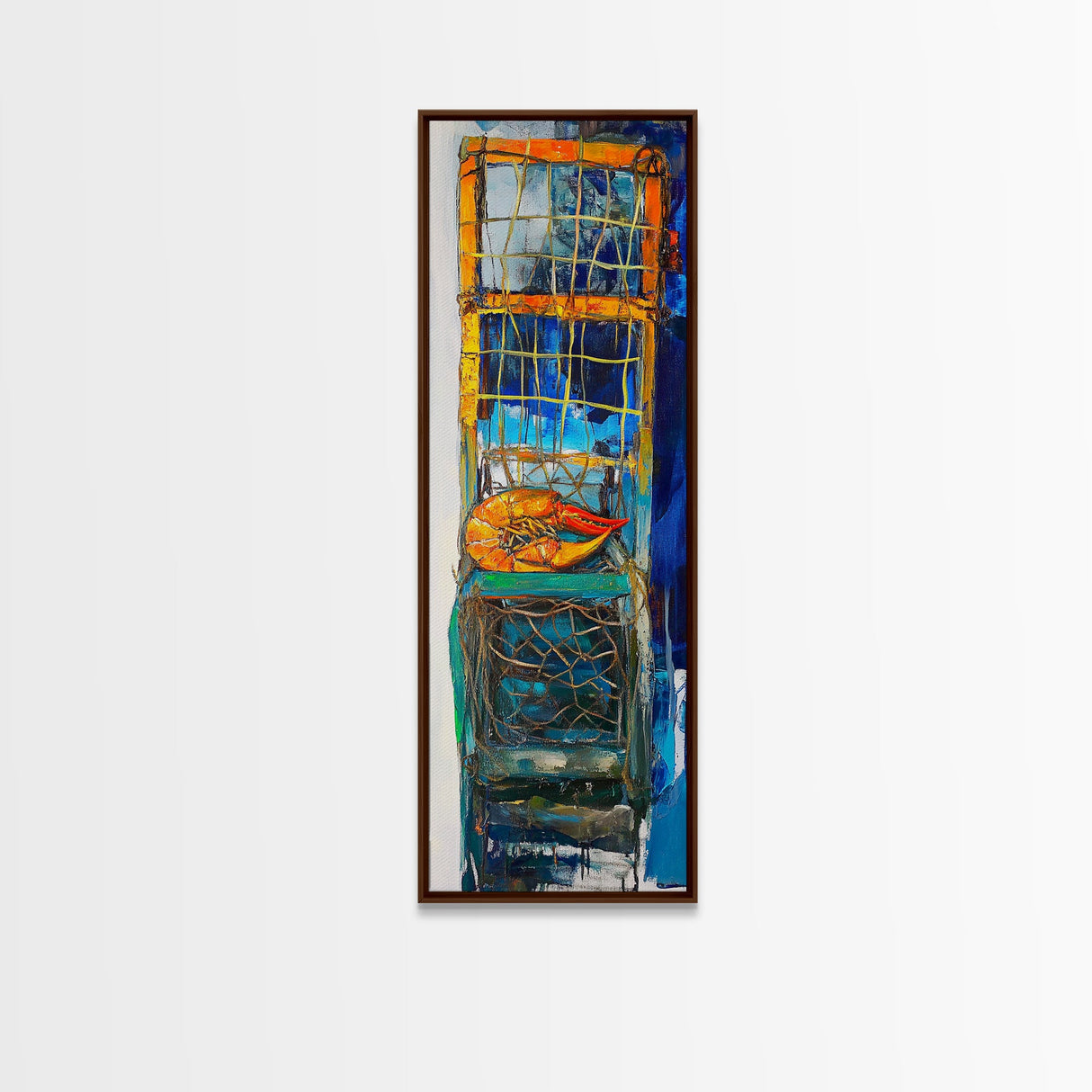 Crayfish painting, nautical wall art, rustic art, kitchen decor, fisherman painting, blue and orange, framed canvas print, gift idea