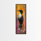 Loon painting, bird art, whimsical art, colorful art, tall narrow art, framed canvas print, moody art, bedroom decor, modern style