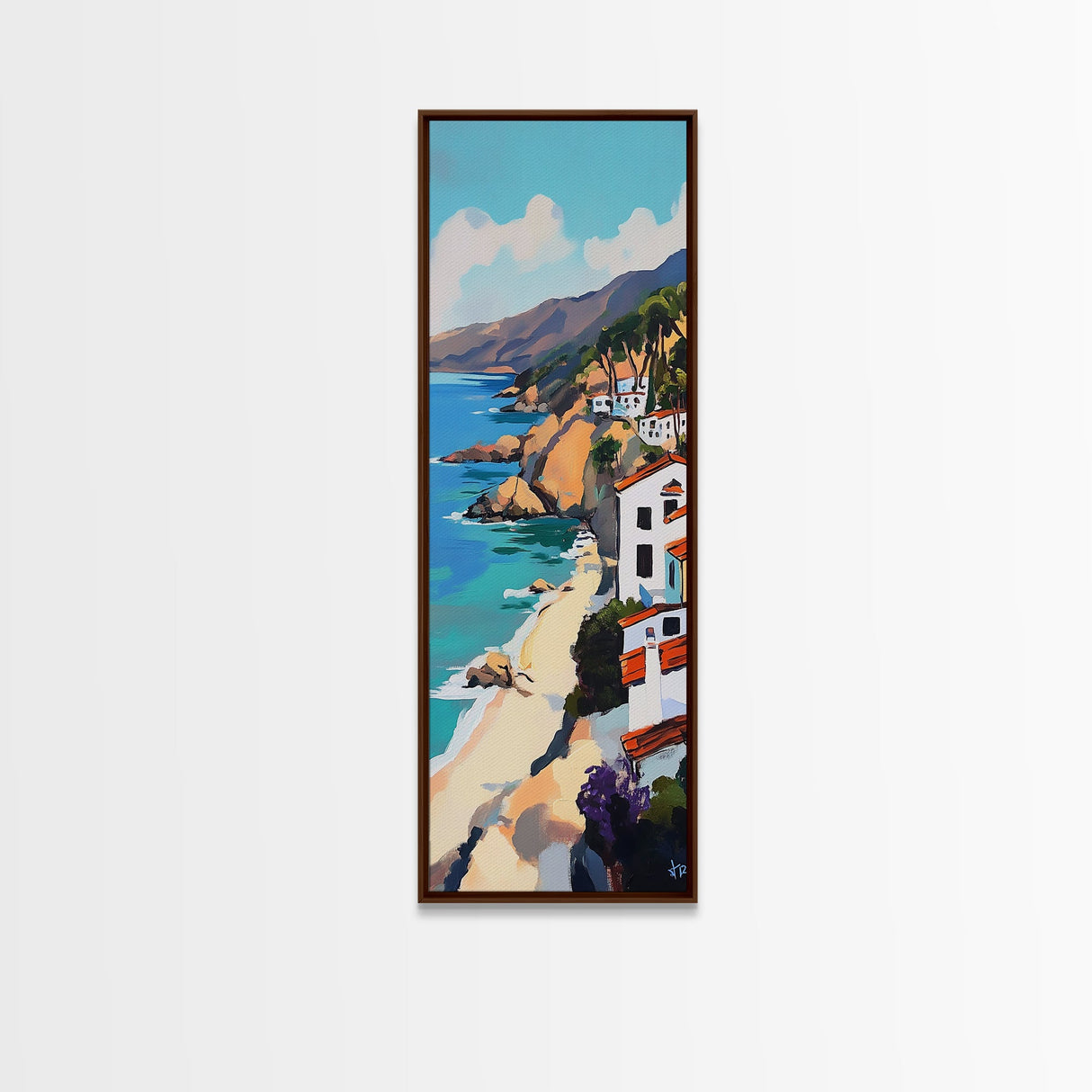 Coastal Retreat, palm tree painting, tropical art, Hawaii art, vacation home decor, Framed Canvas Print, vertical wall art