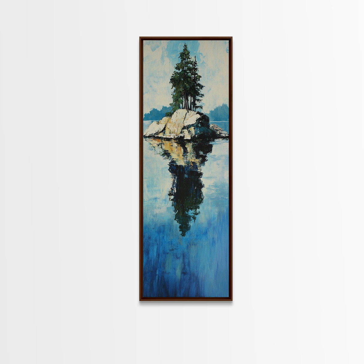 Island Reflection, pine tree art, lake Tahoe art, framed canvas print, nature painting, rustic art, above bed wall art