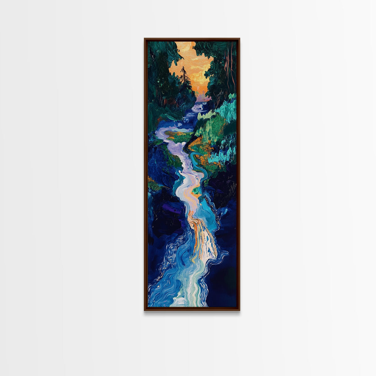 Sunset river, moody art, pine tree art, smoky mountain art, framed canvas print, vertical wall art, original painting