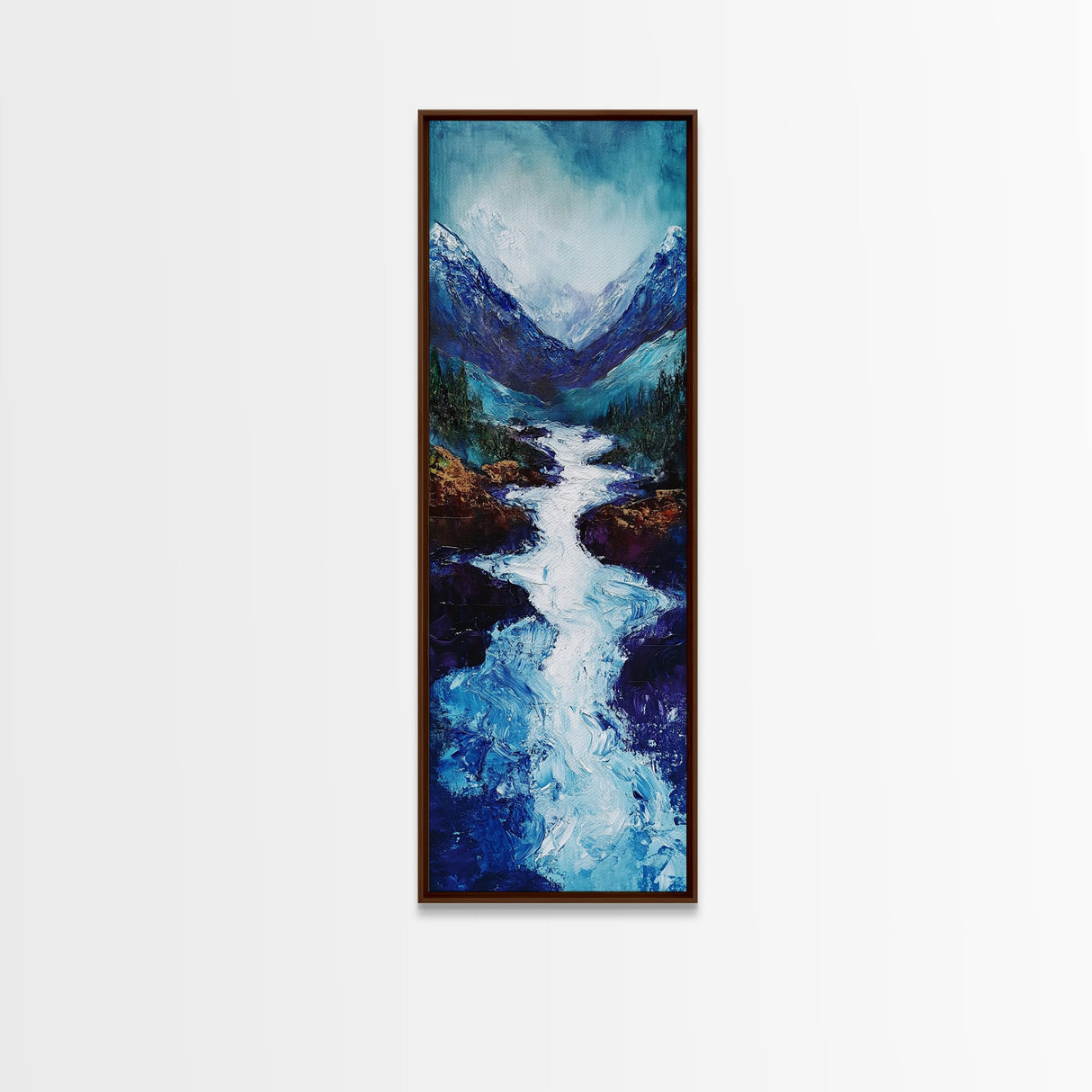 River in Mountains, moody landscape painting, smoky mountain art, rustic wall art, wabi sabi art, framed canvas print