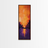 Fiery Sunset Reflection, mountain painting, moody art, forest at dusk painting, pine tree art, framed canvas print, vertical wall art