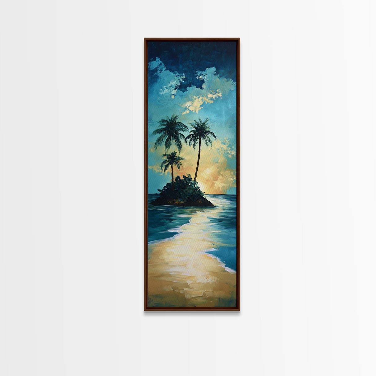 Tropical Sunset, palm tree painting, Hawaii art, ocean waves, coastal wall art, nautical decor, framed canvas print