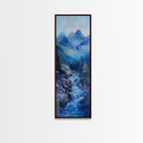 Waterfall Mountain, landscape painting, mountain painting, blue and green wall art, coastal decor, framed canvas print