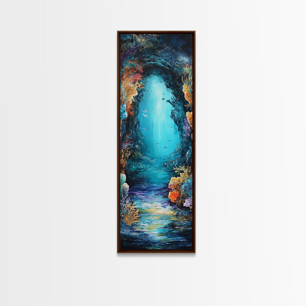Underwater Cave, ocean painting, nautical wall art, coastal painting, seascape painting, framed canvas print, vertical wall art