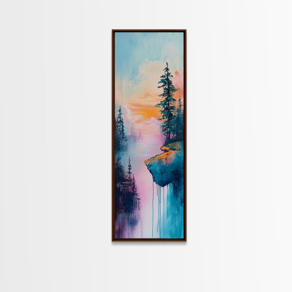 Dreamy Landscape, Pine Tree Art, Mountain Painting, Blue and Green Wall Art, Tall Skinny Art, Framed Canvas Print, Rustic Wall Art