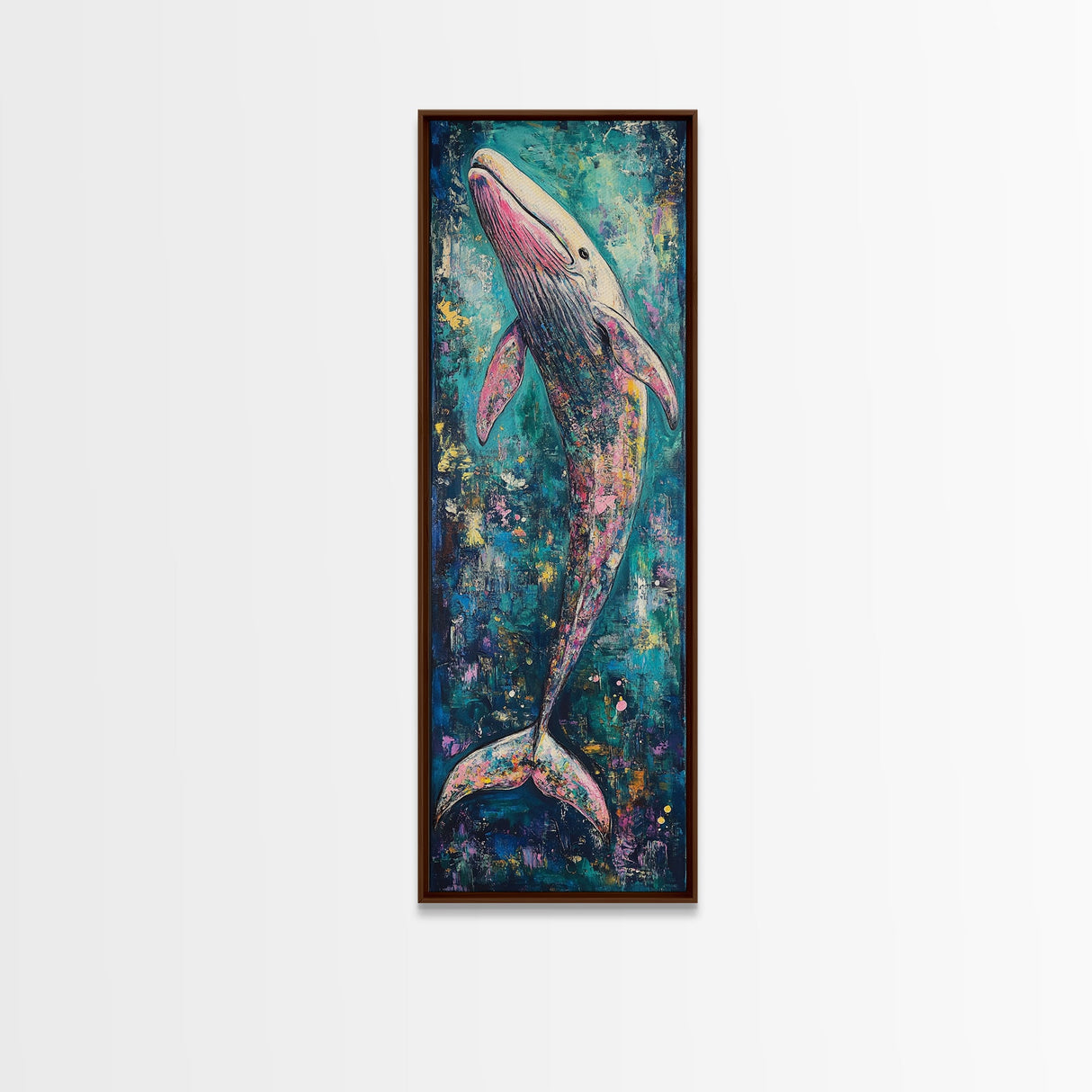 Vibrant Whale, Whale Painting, Coastal Decor, Nautical Wall Art, Blue and Green Wall Art, Skinny Wall Art, Framed Canvas Print