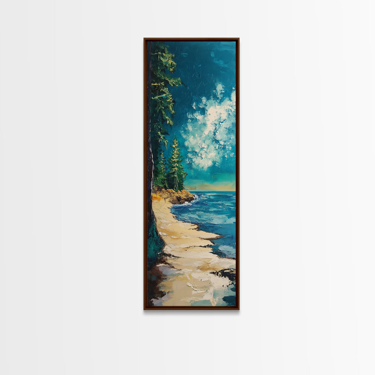 Pine Trees by the Lake, lake Tahoe art, coastal landscape art, pine tree art, nature lover gift, framed canvas print, vertical wall art