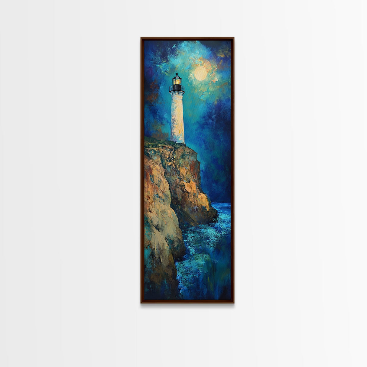 Lighthouse Painting, Moon Oil Painting, Nautical Decor, Coastal Wall Art, Seascape Painting, Canvas Print, Tall Narrow Art, Gift Idea