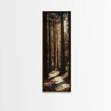 Redwood Forest, pine tree art, rustic decor, above sofa art, forest at dusk painting, wabi sabi art, tall skinny art, framed canvas print