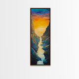 Sunset River, mountain painting, vertical wall art, nature art, framed canvas print, above sofa art, extra wide art, rustic decor