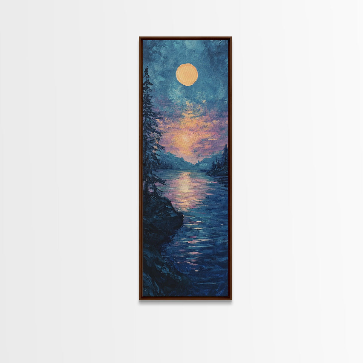 Moonlit Lake, moon oil painting, framed canvas print, landscape painting, lake Tahoe art, moody art, tall narrow art, rustic wall art