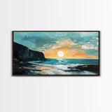 Sunset Cliffs, nautical wall art, coastal painting, surf wall art, panoramic art, above couch art, boho art, Framed Canvas Print