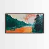 Forest Lake, pine tree art, landscape painting, rustic wall art, autumn painting, extra wide art, wabi sabi art, Framed Canvas Print