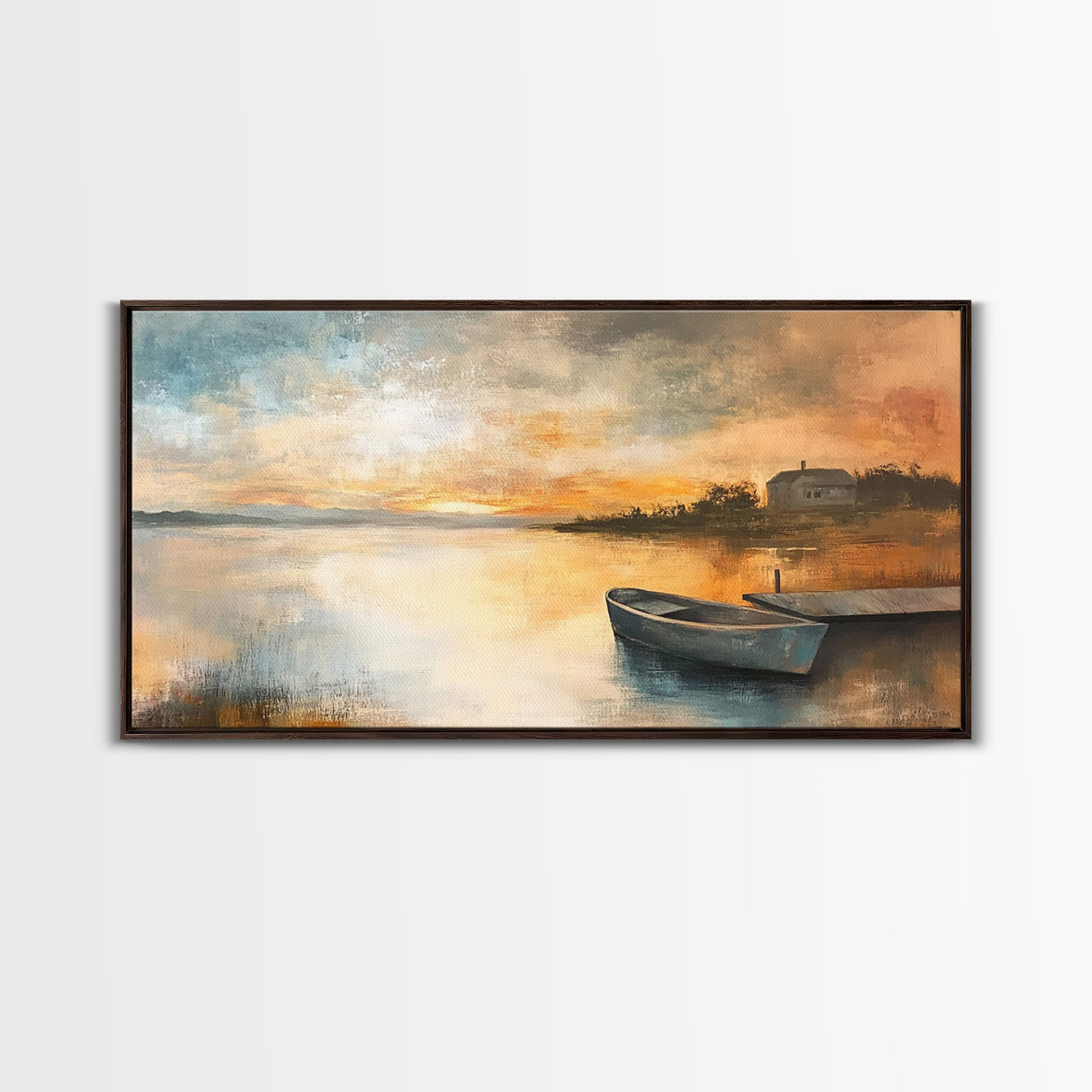 Sunset Reflection, lake painting, rustic decor, nautical painting, seascape painting, extra wide art, Canvas Print, landscape painting