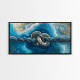 Ocean Rope, nautical decor, blue and gold wall art, coastal painting, seascape painting, horizontal wall art, Framed Canvas Print
