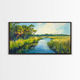 Marshland View, palm tree painting, tropical landscape, coastal decor, green wall art, rustic wall art, Framed Canvas Print