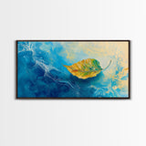 Leaf in Water, blue and green wall art, coastal decor, wabi sabi art, extra wide art, panoramic painting, Canvas Print, gift idea