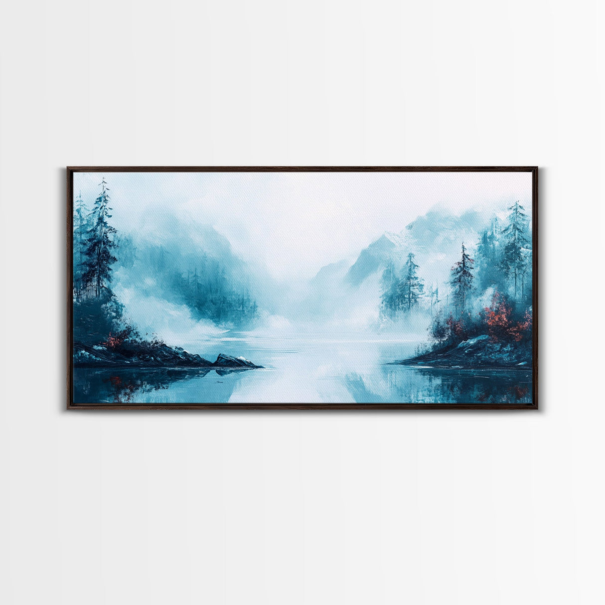 Misty Mountains, pine tree art, wabi sabi wall art, smoky mountain art, panoramic painting, nature painting, Framed Canvas Print