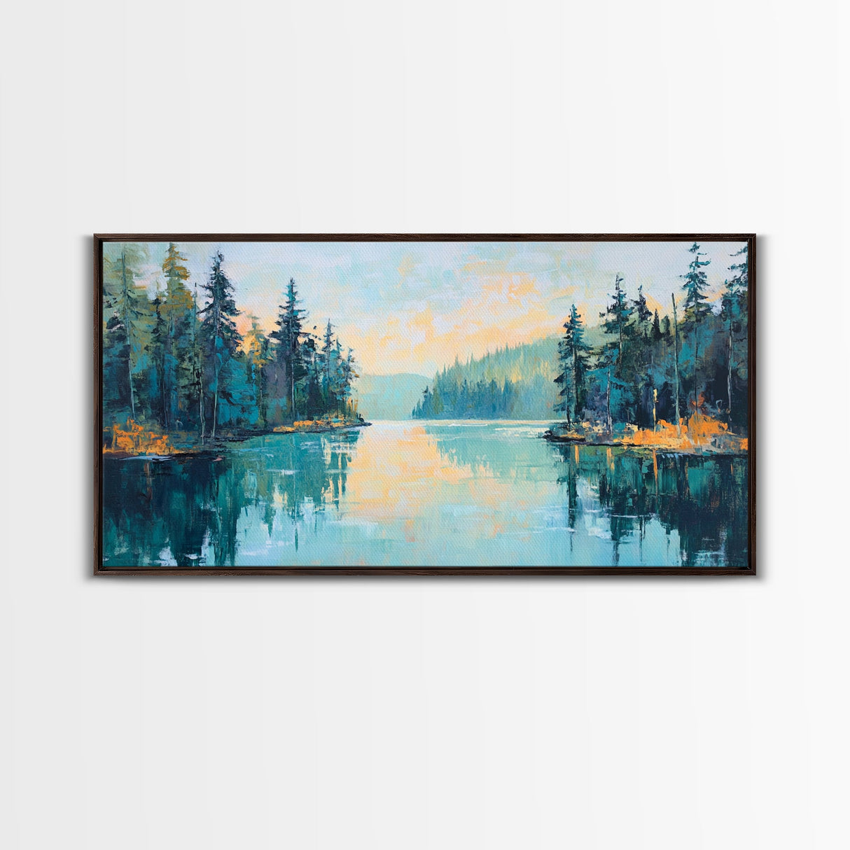 Tranquil Lake, pine tree art, landscape painting, smoky mountain art, panoramic painting, nature painting, Framed Canvas Print