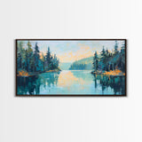 Tranquil Lake, pine tree art, landscape painting, smoky mountain art, panoramic painting, nature painting, Framed Canvas Print