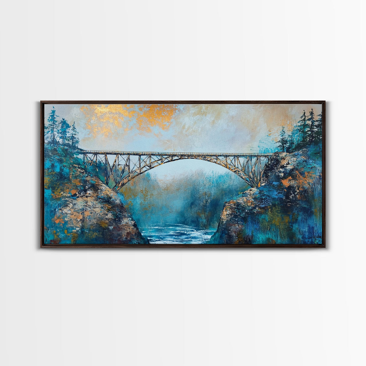 Steel Bridge, landscape painting, mountain painting, panoramic painting, framed canvas print, blue and green wall art