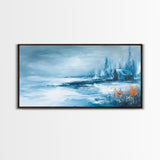 Winter Cabin, Framed Canvas Print, landscape painting, rustic decor, farmhouse art, moody art, above couch art, extra wide art