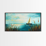 Serene Sailboat, Canvas Print, sailboat painting, coastal painting, nautical wall art, blue and green wall art, extra wide art