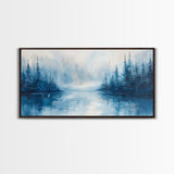 Misty Lake Scene, Moody Art, Pine Tree Art, Landscape Painting, Framed Canvas Print, Bedroom Art, Above Bed Wall Art
