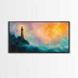 Lighthouse Sunset, coastal painting, nautical wall art, seascape painting, lighthouse art, framed canvas print, panoramic art