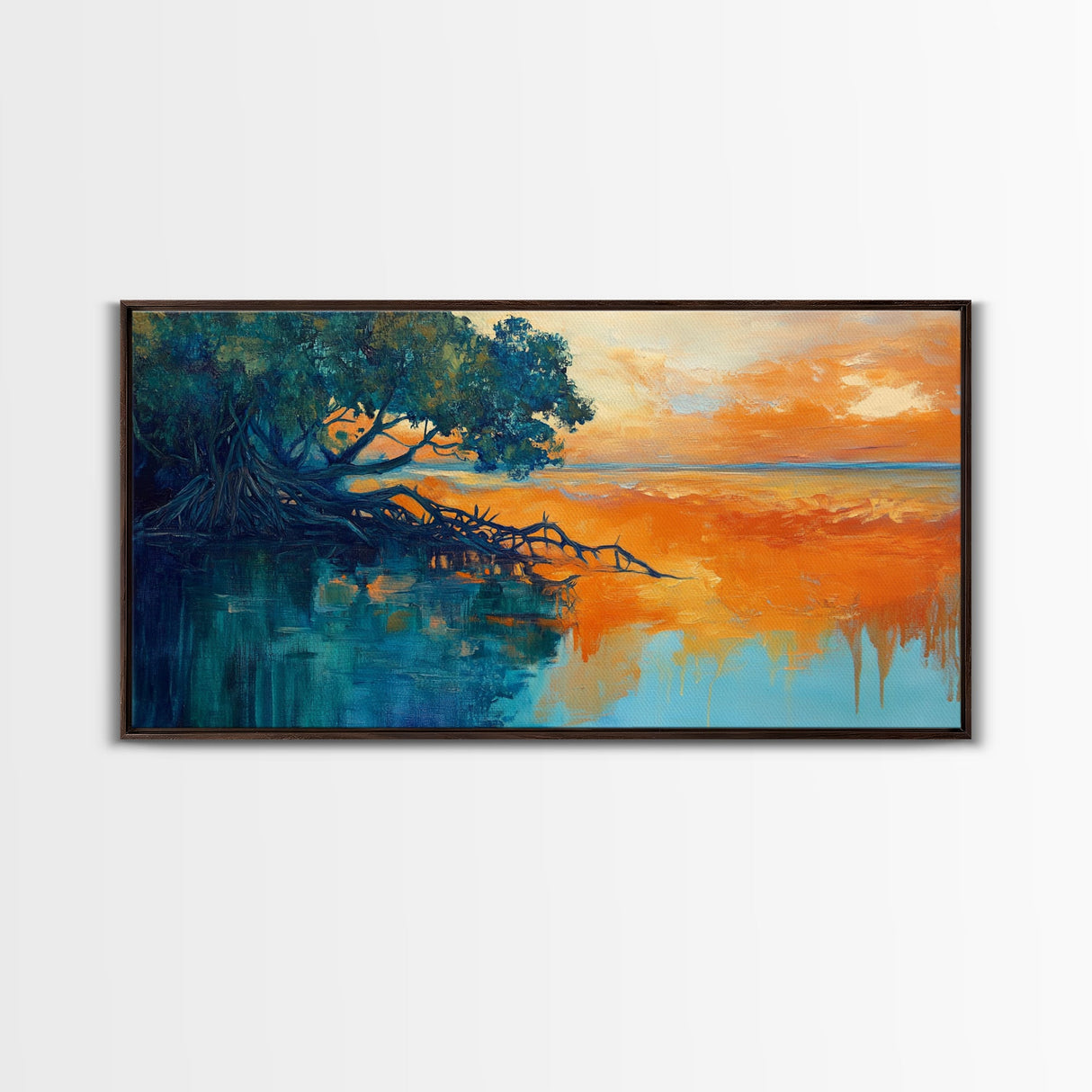 Mangrove Sunset Painting, coastal landscape art, blue and green wall art, seascape painting, nautical wall art, framed canvas print