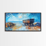 Rustic Wagon, coastal landscape art, framed canvas print, vintage horse art, farmhouse art, extra wide art, panoramic painting